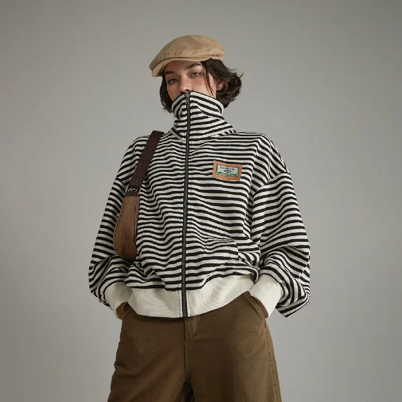 Fashion Must-have High Neck Striped Classic Zip-Up Jacket