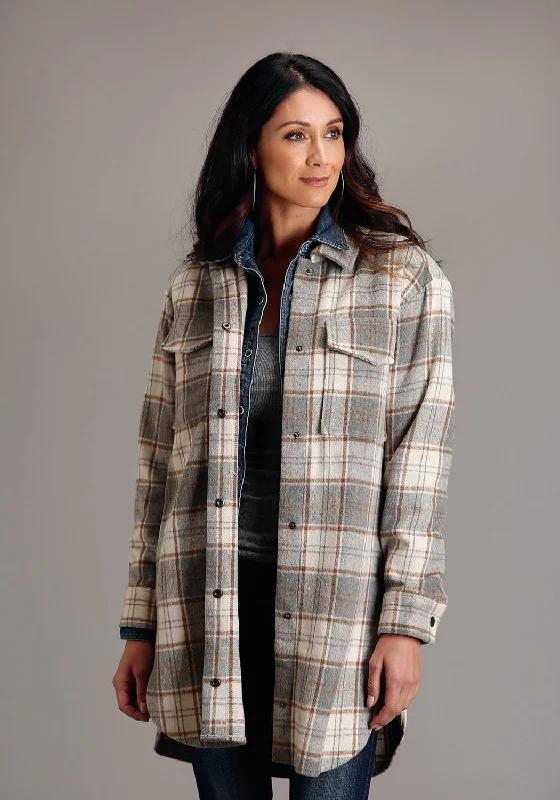 Casual Comfort Stetson Womens Neutral Plaid Oversized Grey Poly/Wool Jacket