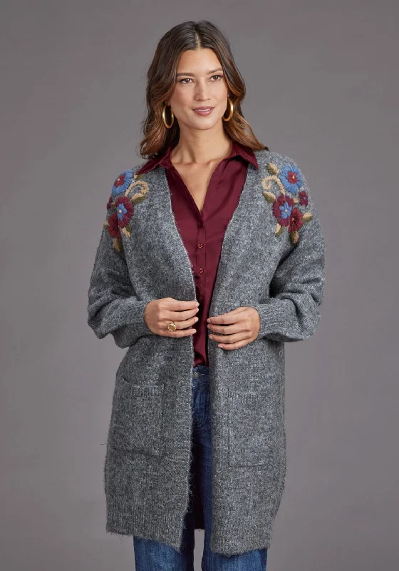 Versatile Style Stetson Womens Floral Embroidered Grey Acrylic Blend Cardigan Sweater Versatile Style Stetson Womens Floral Embroidered Grey Acrylic Blend Cardigan Sweater