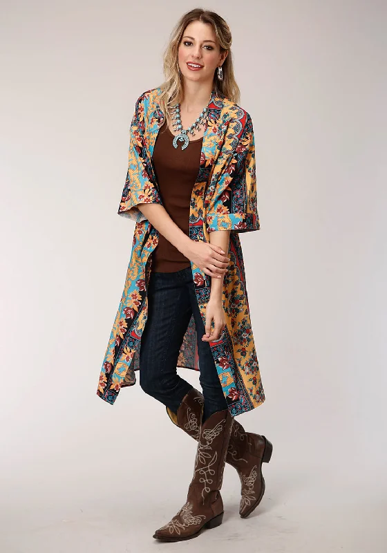 Elegant Outline Roper Womens Turquoise Polyester Baroque Floral Cardigan