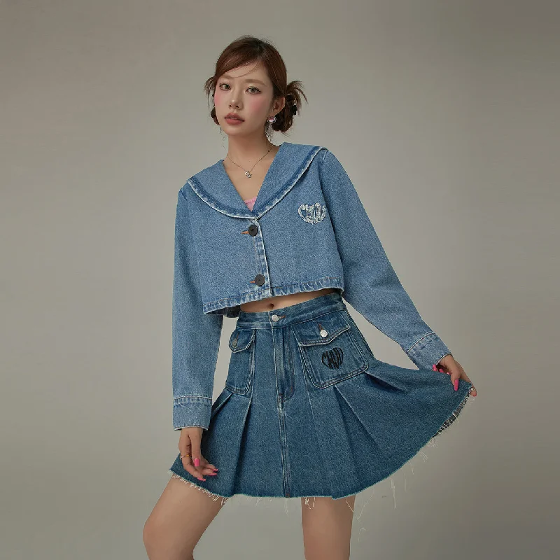 Goddess Outfit Embroidered Raw Edge Logo Sailor Denim Jacket
