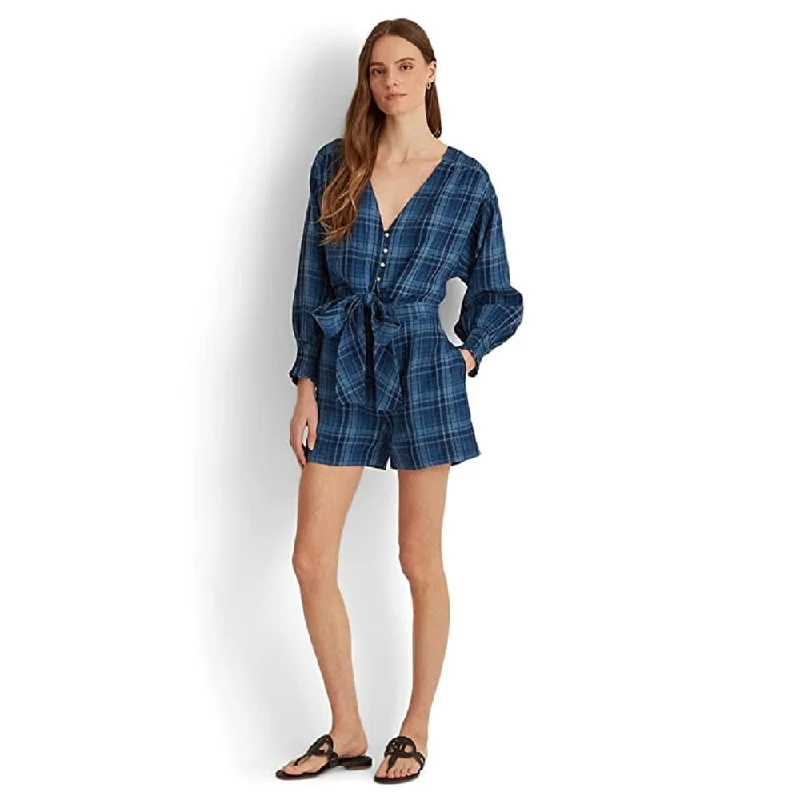Comfortable Fashion Ralph Lauren Women's Plaid Tissue Linen Romper Blue Size 12