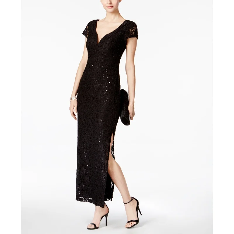 Knitted Design Connected Women's Sequined Lace Column Gown Black Size 4