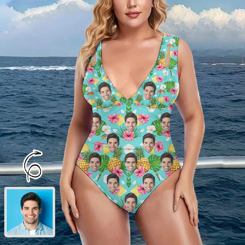 Design Trend Custom Face Green Pineapple Women's Deep V Neck Cross Back Tie One Piece Swimsuit Custom Picture Bathing Suit