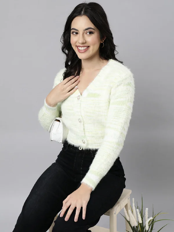 New Products Women Abstract Crop Green Cardigan