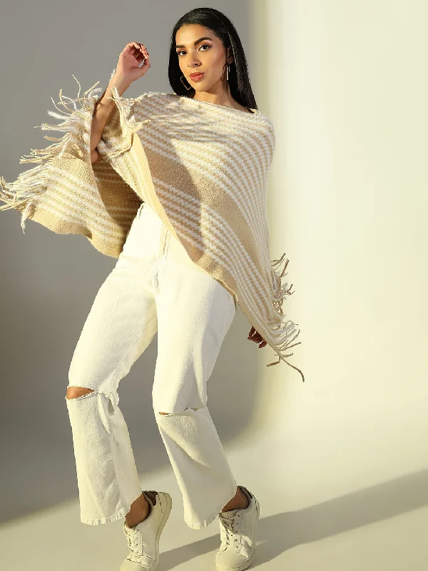 Modernism Women Beige Striped Longline Poncho
