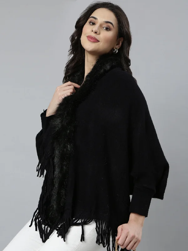Classic Style Women Solid Longline Black Poncho