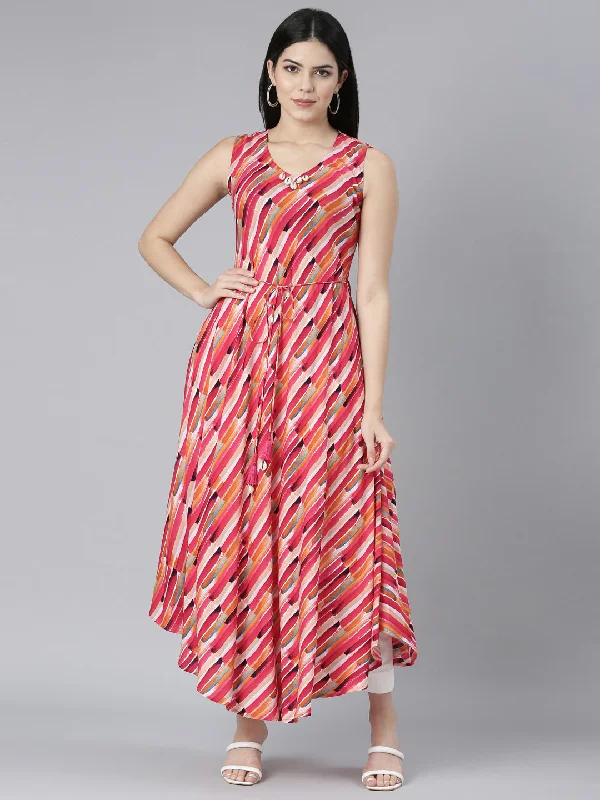 Romantic And Sweet Neerus Pink High-Low Casual Striped Fit and Flare Dresses