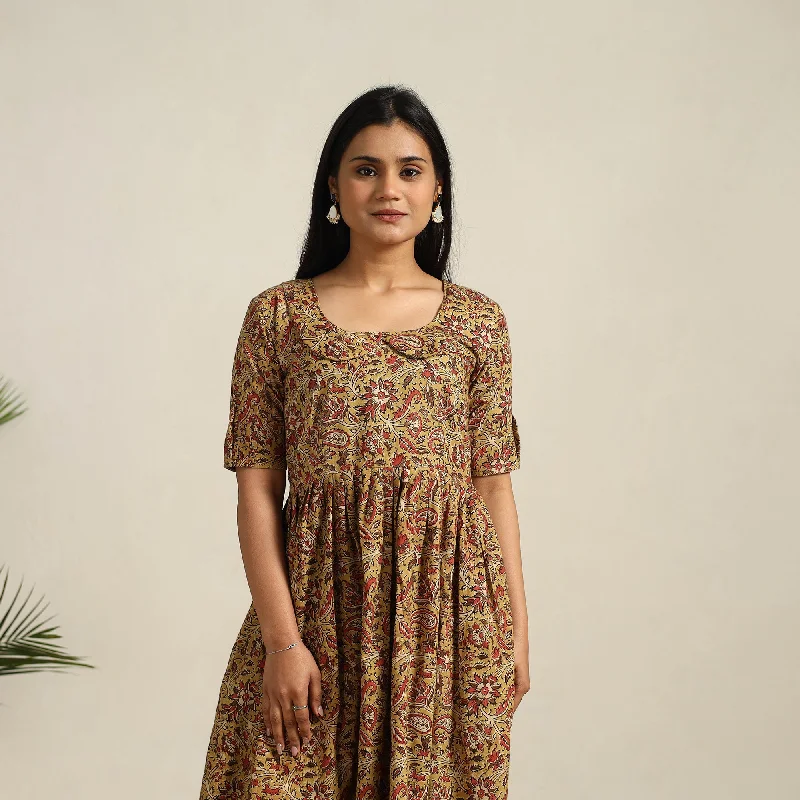 Soft Textures Green - Pedana Block Print Cotton Flared Kalamkari Dress 06