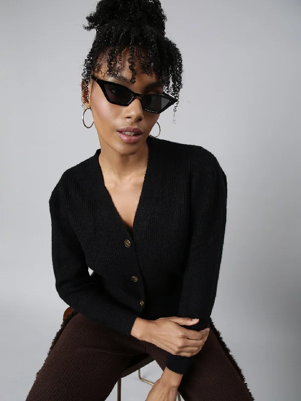 Leisure And Entertainment Women Solid Black Regular Cardigan