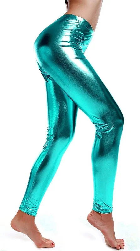 Classic Retro DELUXE METALLIC LEGGINGS Shiny Neon Stretch Dance Costume Fancy Dress Party - Blue