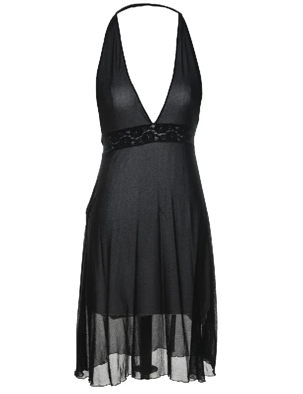 Comfort Fit Black Sheer 1990s Halterneck Slip Dress - XS