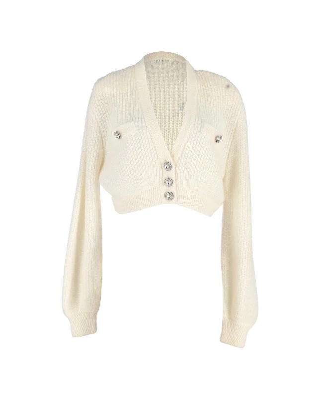 Comfortable Design Alessandra Rich Crystal-Button Cropped Cardigan in Cream Wool