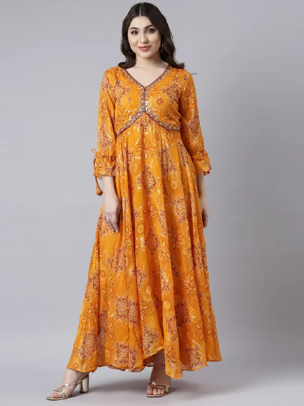 Warm Wear Neerus Mustard Flared Casual Floral Fit and Flare Dresses