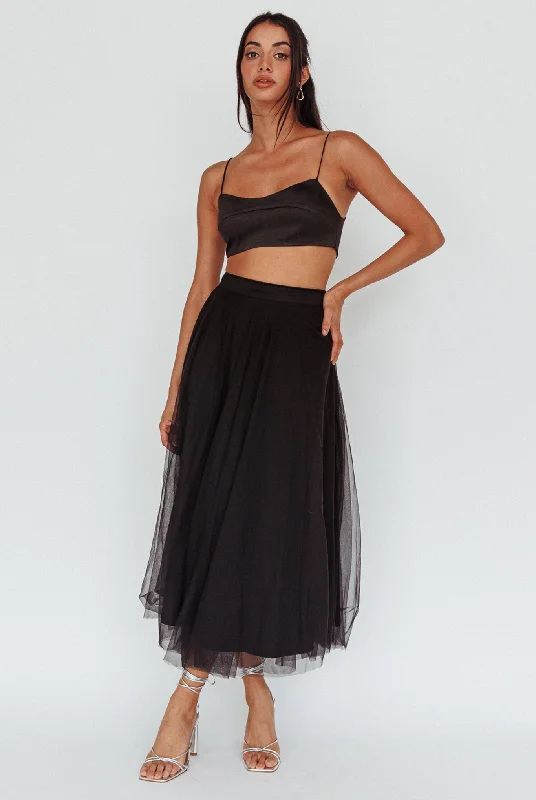 Round neck design Jasmine Organza Mesh Elasticated Waist Midi Skirt Black