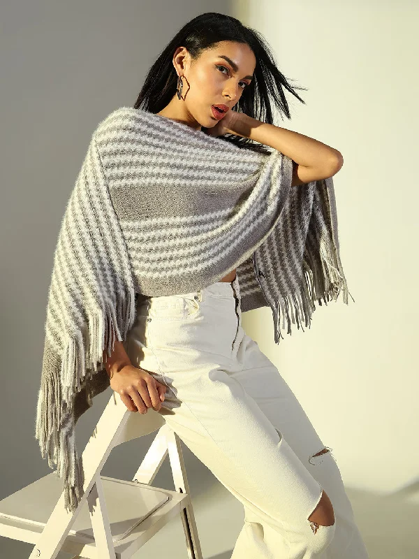 Free And Comfortable Women Grey Striped Longline Poncho